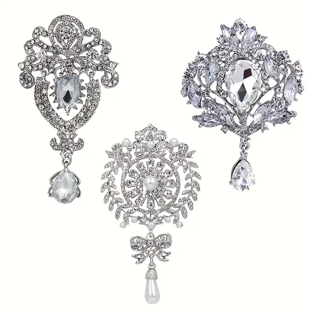 Elegant Silver tone Brooch Set with Crystal Accents